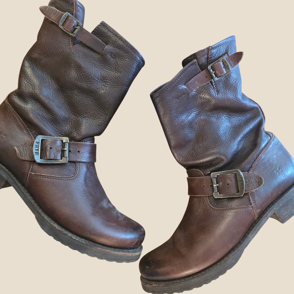 Frye Womens Veronica Short Engineer Boots Brown Leather Buckle Moto 77320
